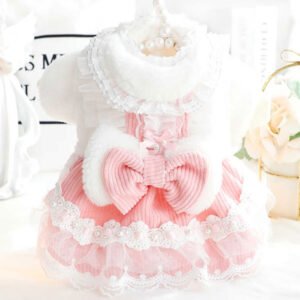 Thick Princess Dog Dress with Lace & Bow for Fall/Winter | Pet Clothing for Small Dogs & Cats | Poodle and Teddy Apparel